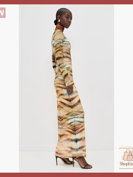 Maxi Mesh Dress Elegant Chic Casual Long Sleeve Mock Neck Stretch Pullover - Picture 4 of 6